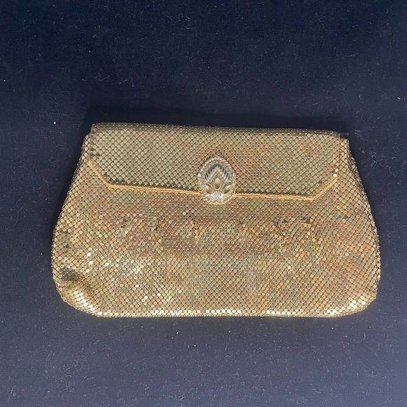 Whiting & Davis Gold Mesh Purse VTG Clutch Bag Gold Metal Clasp With Crystals - Picture 1 of 12